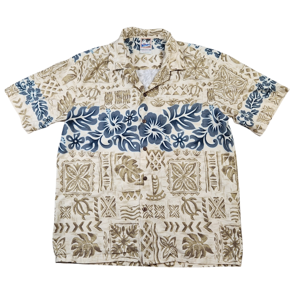 VTG Hawaiian Togs Made In Hawaii Mens Large Tan/Blue Floral Button Cotton Shirt